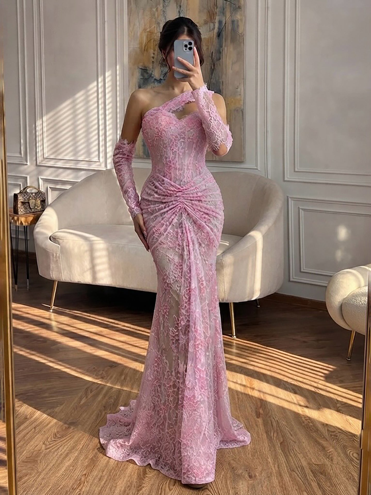 Luxury Wine Red Lace Beaded Mermaid One Shoulder Evening Dress LA73484B SERENE HILL