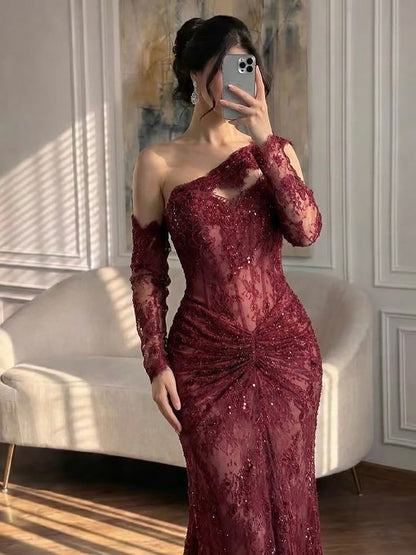 Luxury Wine Red Lace Beaded Mermaid One Shoulder Evening Dress LA73484B SERENE HILL