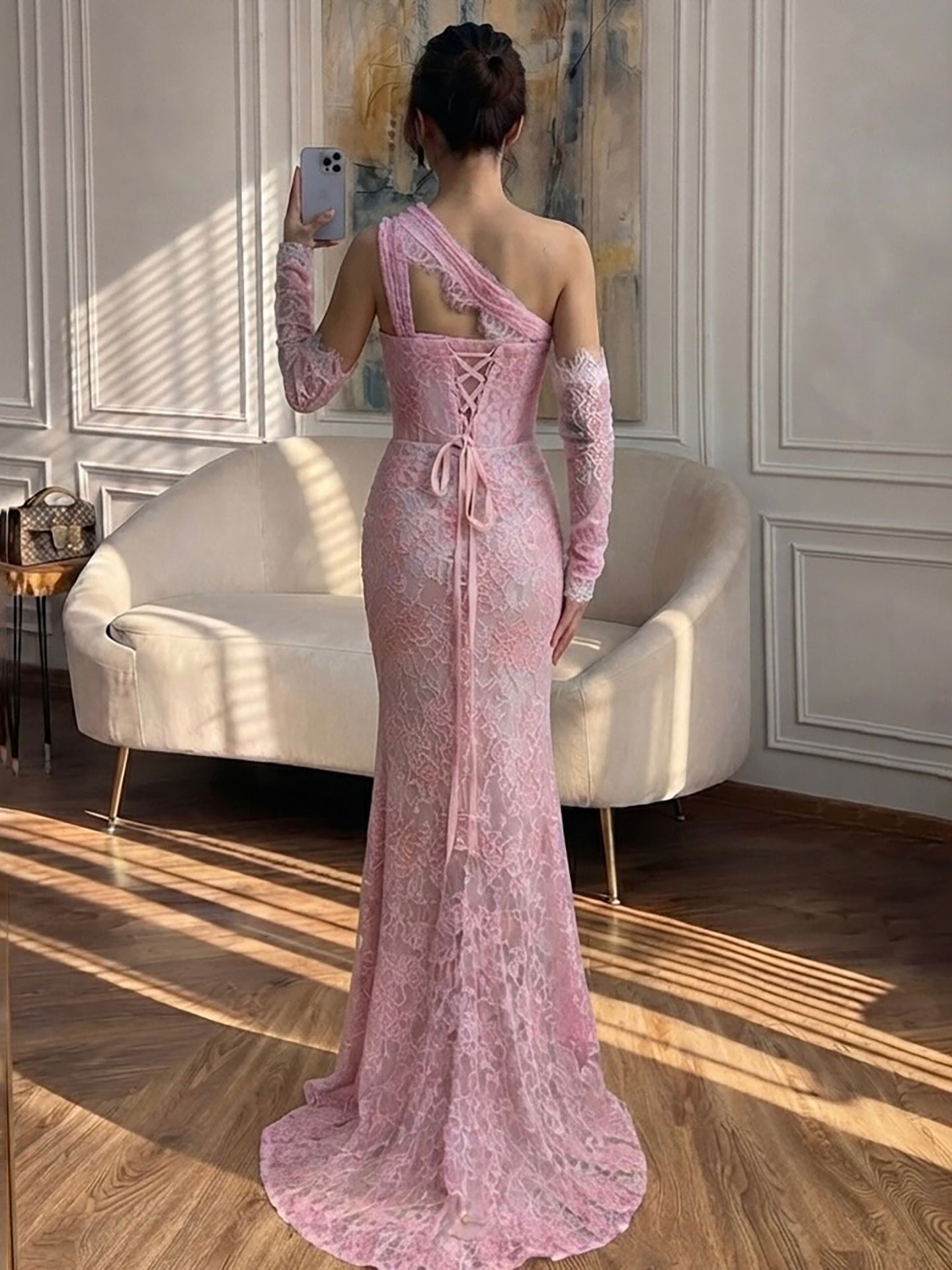Luxury Wine Red Lace Beaded Mermaid One Shoulder Evening Dress LA73484B SERENE HILL