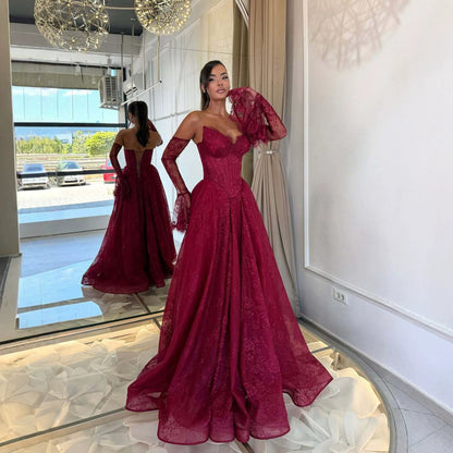 Wine Red Lace Strapless A Line Evening Dress with Sleeves LA73484D