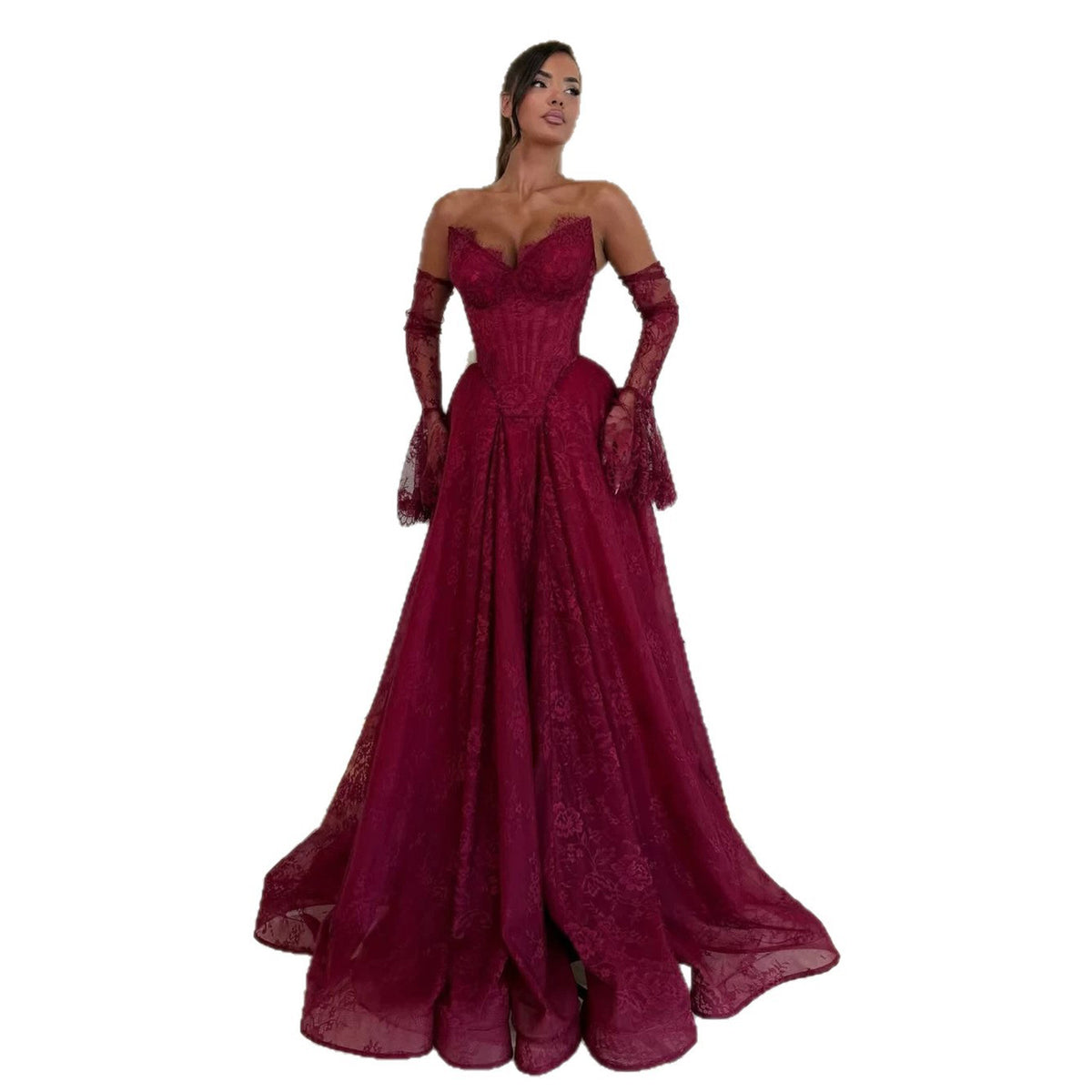 Wine Red Lace Strapless A Line Evening Dress with Sleeves LA73484D