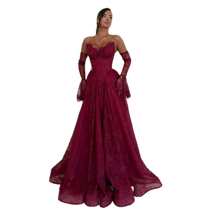 Wine Red Lace Strapless A Line Evening Dress with Sleeves LA73484D