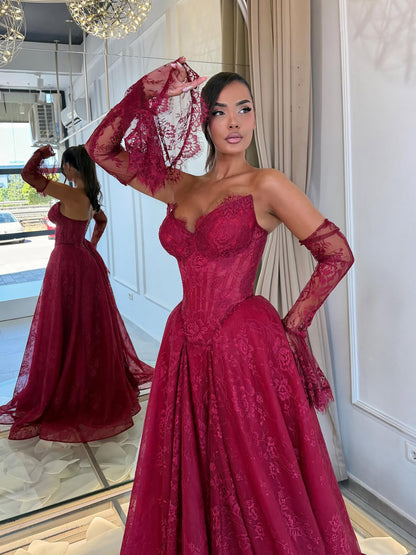 Wine Red Lace Strapless A Line Evening Dress with Sleeves LA73484D