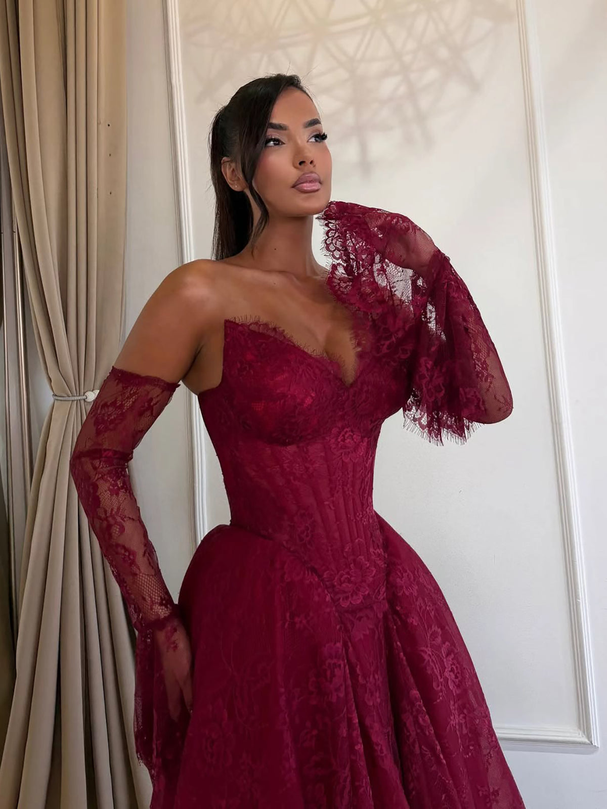 Wine Red Lace Strapless A Line Evening Dress with Sleeves LA73484D