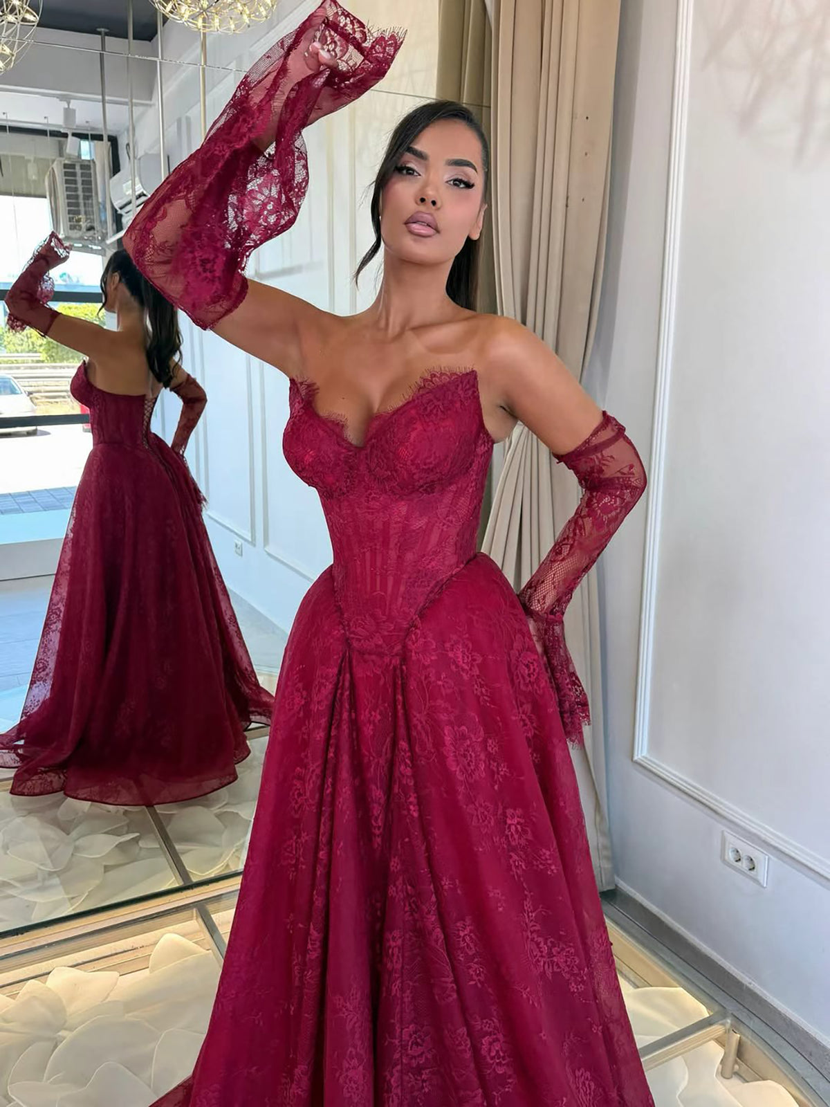 Wine Red Lace Strapless A Line Evening Dress with Sleeves LA73484D