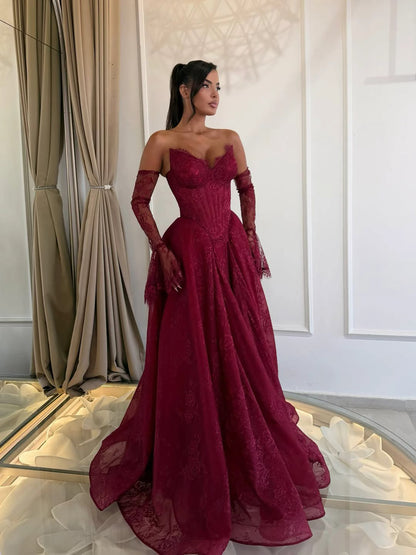 Wine Red Lace Strapless A Line Evening Dress with Sleeves LA73484D