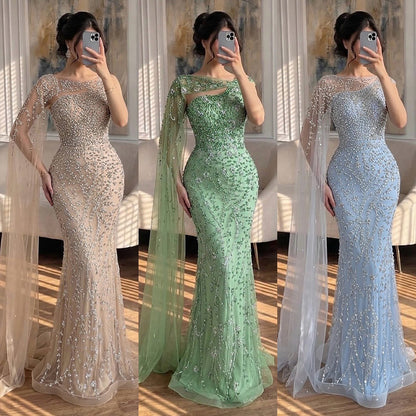 Luxury Nude Silver One Shoulder Crystal Beaded Mermaid Evening Dress With Cape LA73485