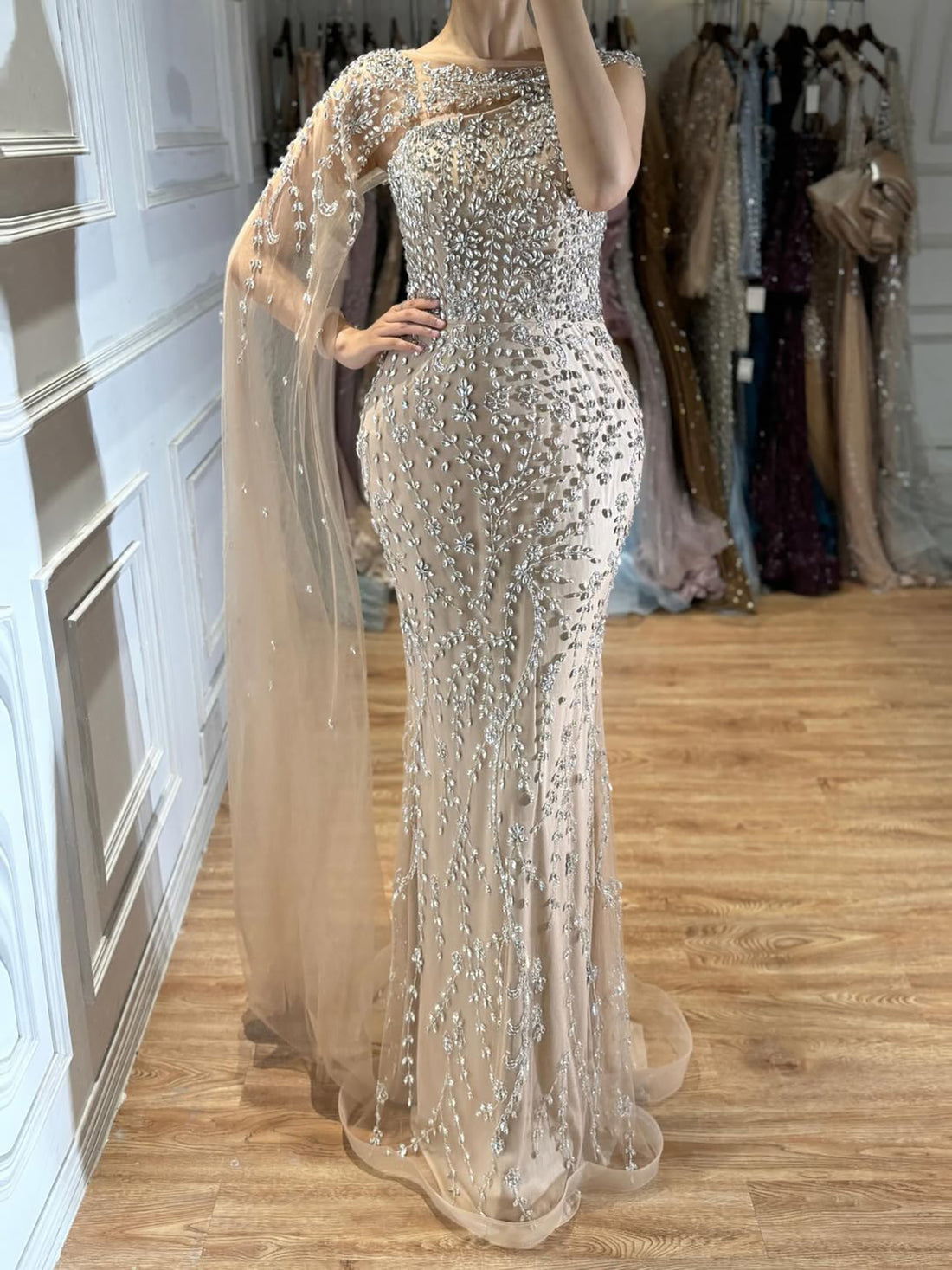 Luxury Nude Silver One Shoulder Crystal Beaded Mermaid Evening Dress With Cape LA73485