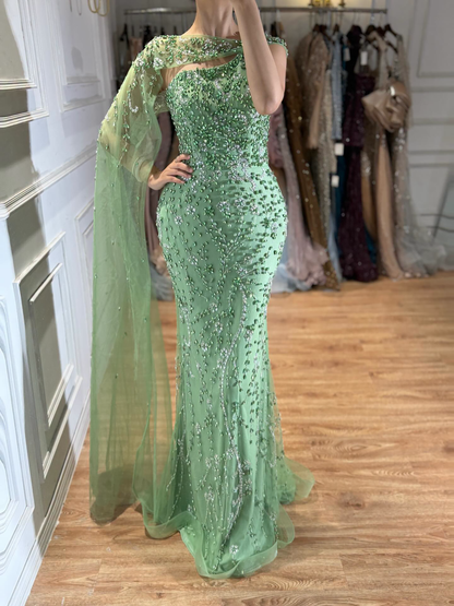 Luxury Green One Shoulder Crystal Beaded Mermaid Evening Dress With Cape LA73485