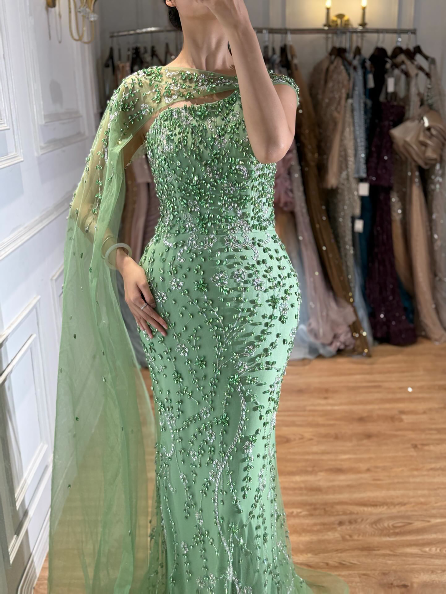 Luxury Green One Shoulder Crystal Beaded Mermaid Evening Dress With Cape LA73485