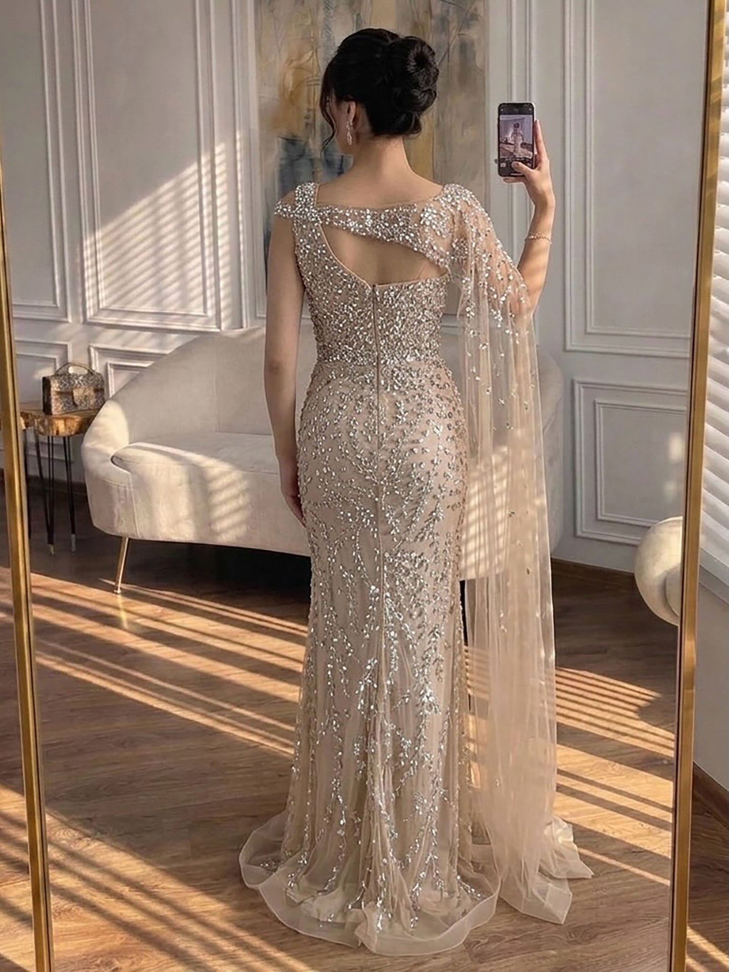 Luxury Nude Silver One Shoulder Crystal Beaded Mermaid Evening Dress With Cape LA73485