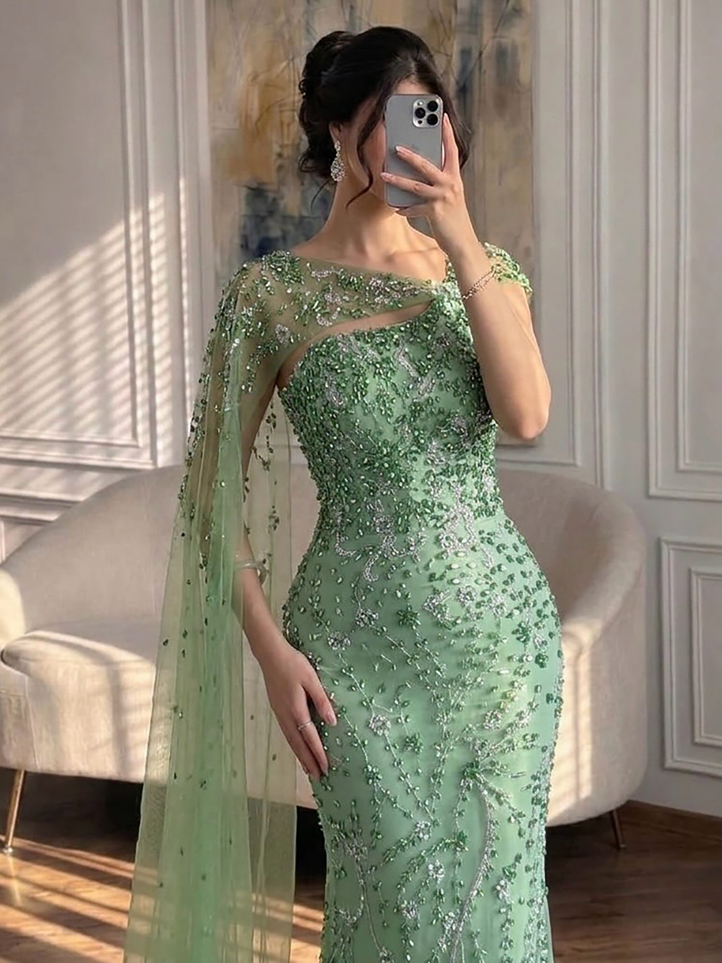 Luxury Green One Shoulder Crystal Beaded Mermaid Evening Dress With Cape LA73485