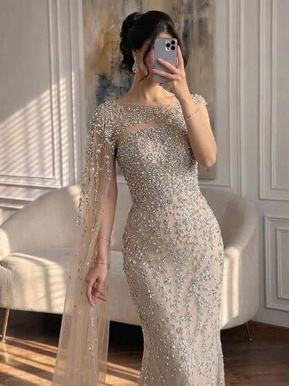 Luxury Nude Silver One Shoulder Crystal Beaded Mermaid Evening Dress With Cape LA73485