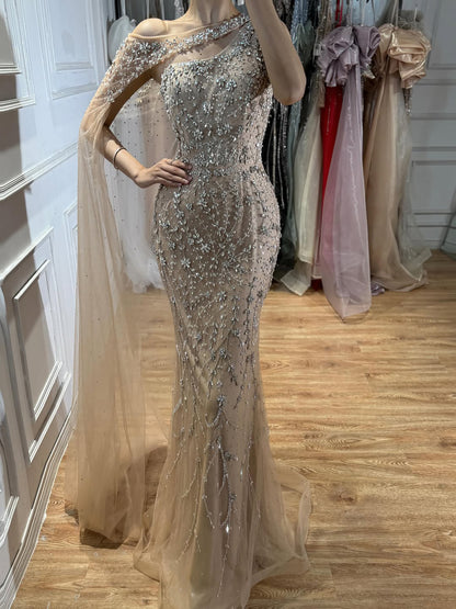 Luxury Nude Crystal Beaded One-Shoulder Mermaid Dress LA73485A SERENE HILL
