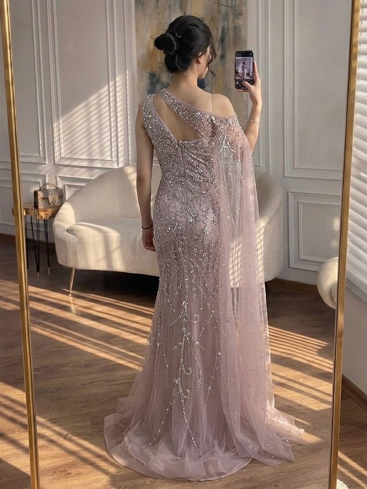 Luxury Nude Crystal Beaded One-Shoulder Mermaid Dress LA73485A SERENE HILL