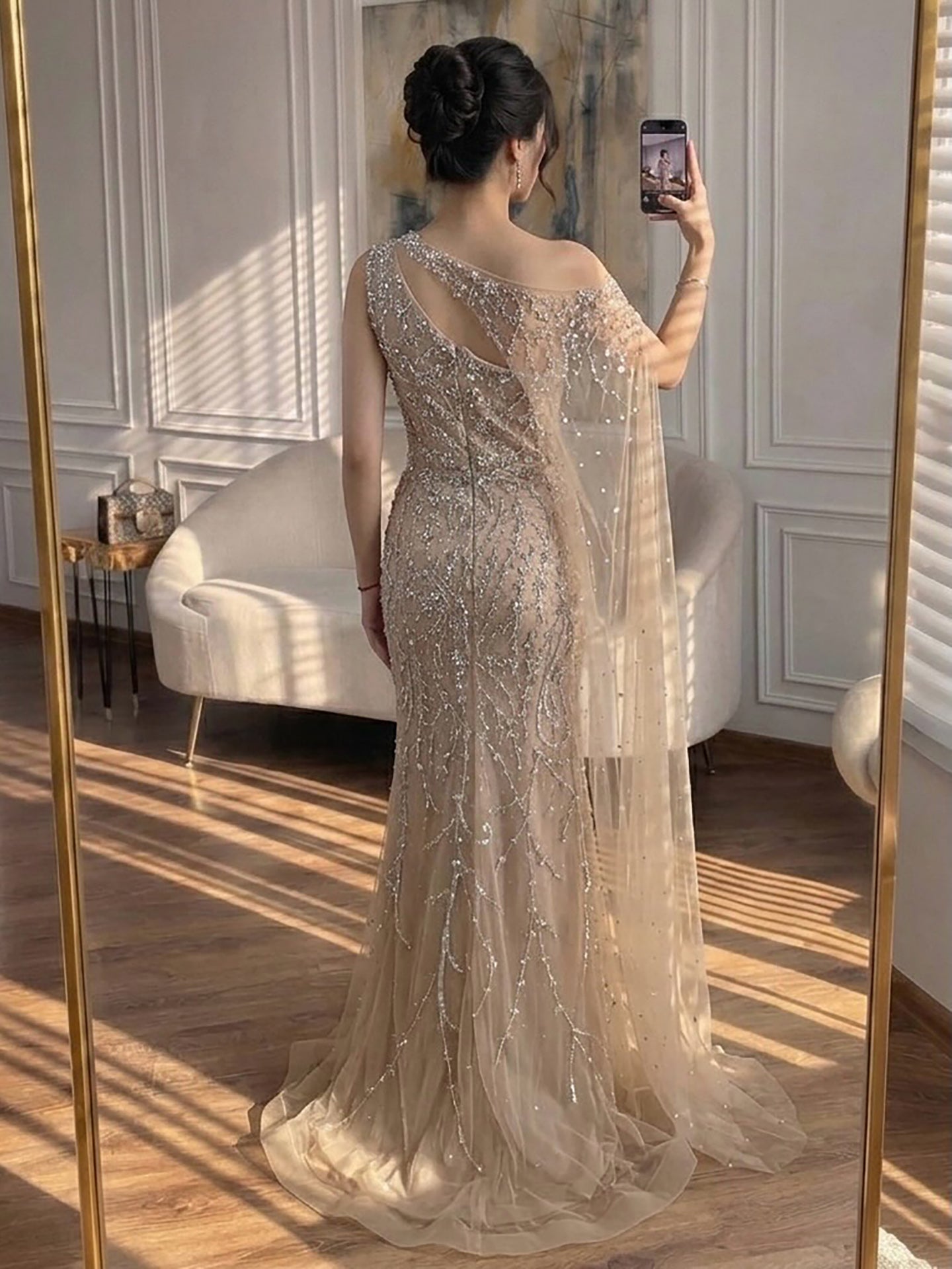Luxury Nude Crystal Beaded One-Shoulder Mermaid Dress LA73485A SERENE HILL