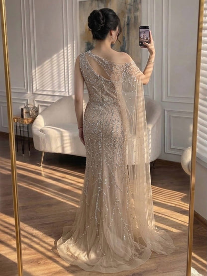 Luxury Nude Crystal Beaded One-Shoulder Mermaid Dress LA73485A SERENE HILL