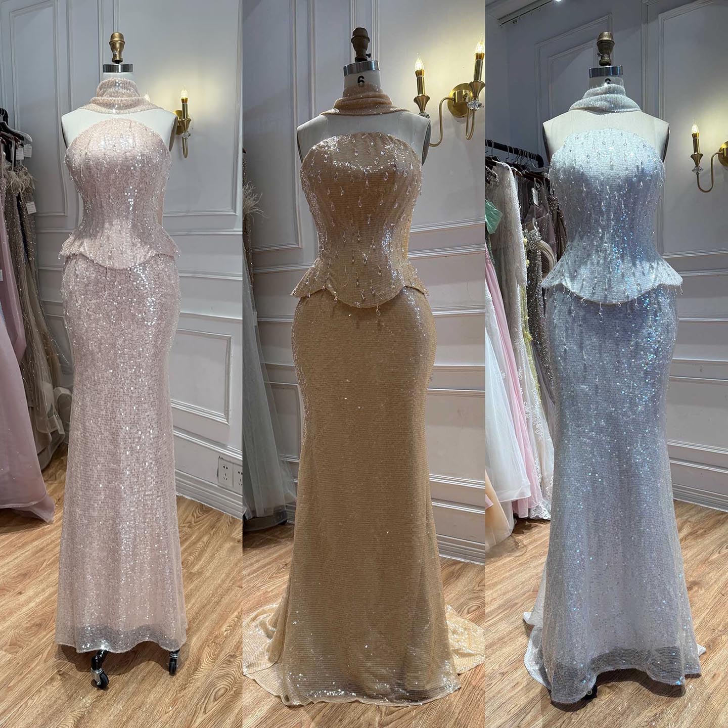 Luxury Champagne Strapless Beaded Mermaid Evening Dress With Scarf LA73488 SERENE HILL
