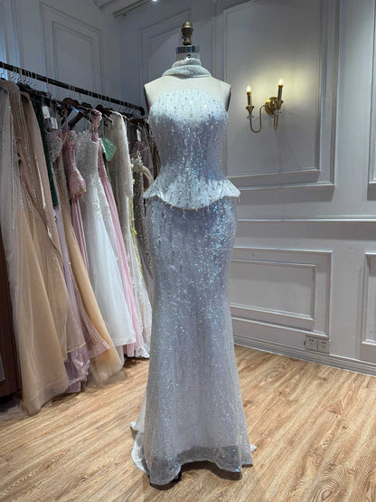 Luxury Champagne Strapless Beaded Mermaid Evening Dress With Scarf LA73488 SERENE HILL