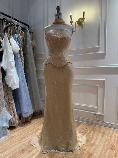 Luxury Champagne Strapless Beaded Mermaid Evening Dress With Scarf LA73488 SERENE HILL
