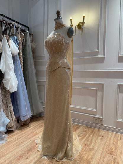 Luxury Champagne Strapless Beaded Mermaid Evening Dress With Scarf LA73488 SERENE HILL