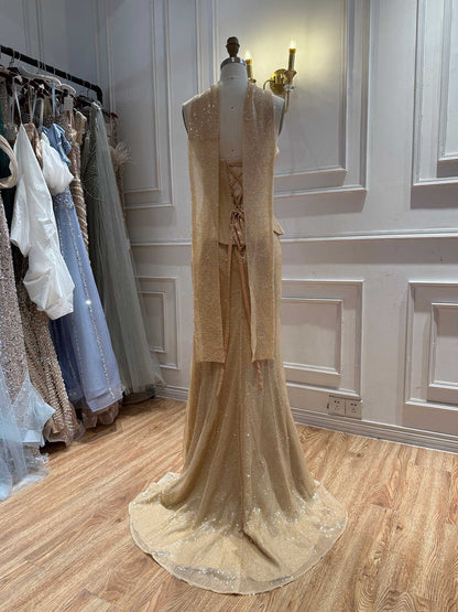 Luxury Champagne Strapless Beaded Mermaid Evening Dress With Scarf LA73488 SERENE HILL