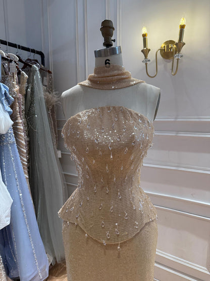 Luxury Champagne Strapless Beaded Mermaid Evening Dress With Scarf LA73488 SERENE HILL