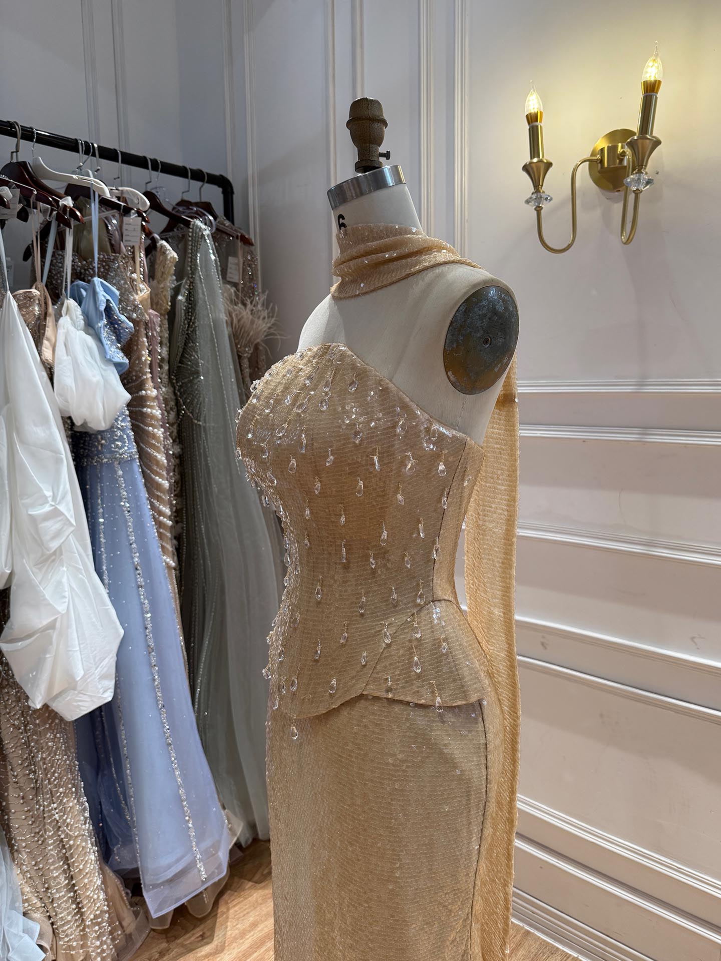 Luxury Champagne Strapless Beaded Mermaid Evening Dress With Scarf LA73488 SERENE HILL