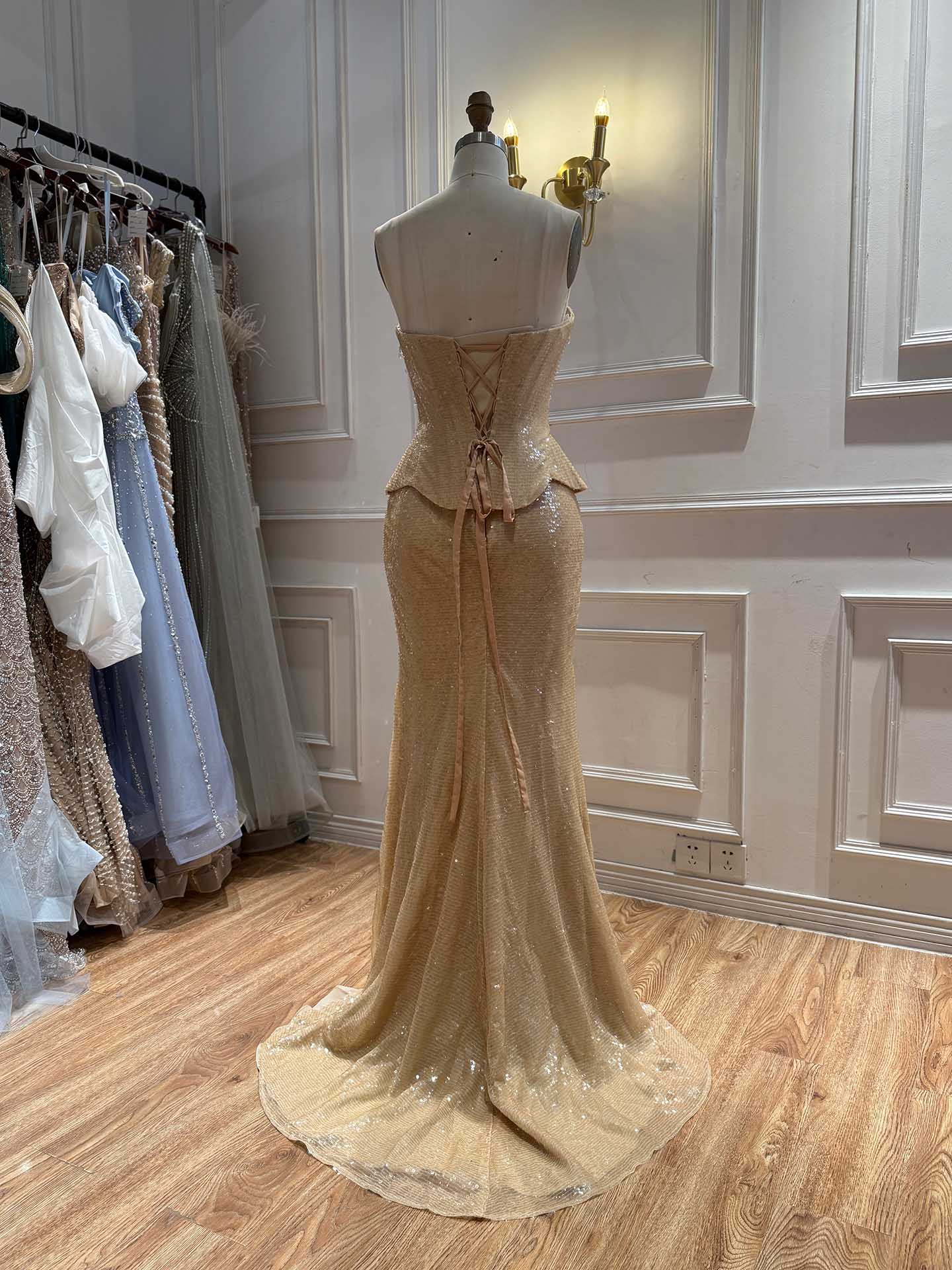 Luxury Champagne Strapless Beaded Mermaid Evening Dress With Scarf LA73488 SERENE HILL