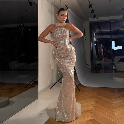 Luxury Champagne Strapless Beaded Mermaid Evening Dress With Scarf LA73488
