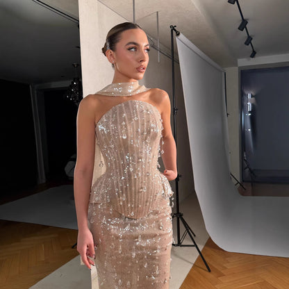 Luxury Champagne Strapless Beaded Mermaid Evening Dress With Scarf LA73488