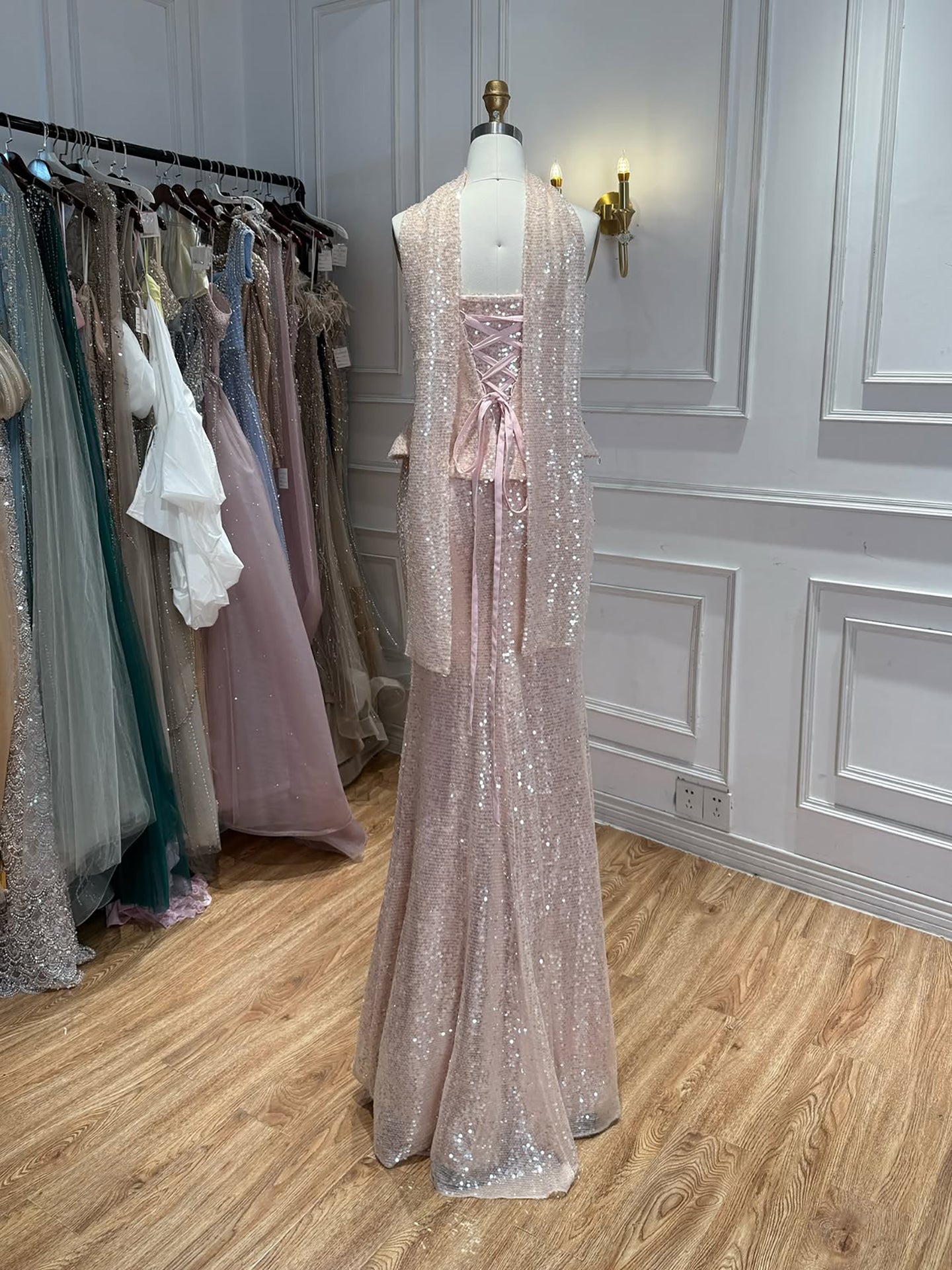 Luxury Champagne Strapless Beaded Mermaid Evening Dress With Scarf LA73488 SERENE HILL