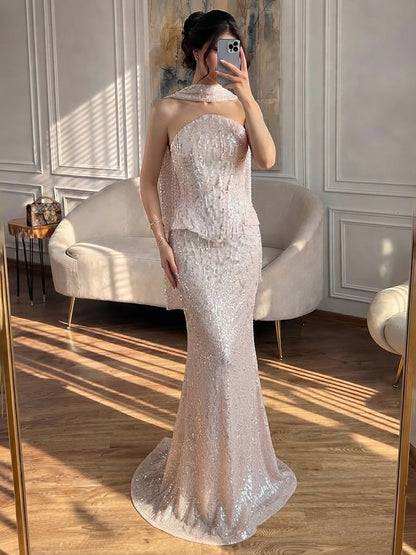 Luxury Champagne Strapless Beaded Mermaid Evening Dress With Scarf LA73488 SERENE HILL