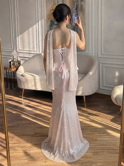 Luxury Champagne Strapless Beaded Mermaid Evening Dress With Scarf LA73488 SERENE HILL