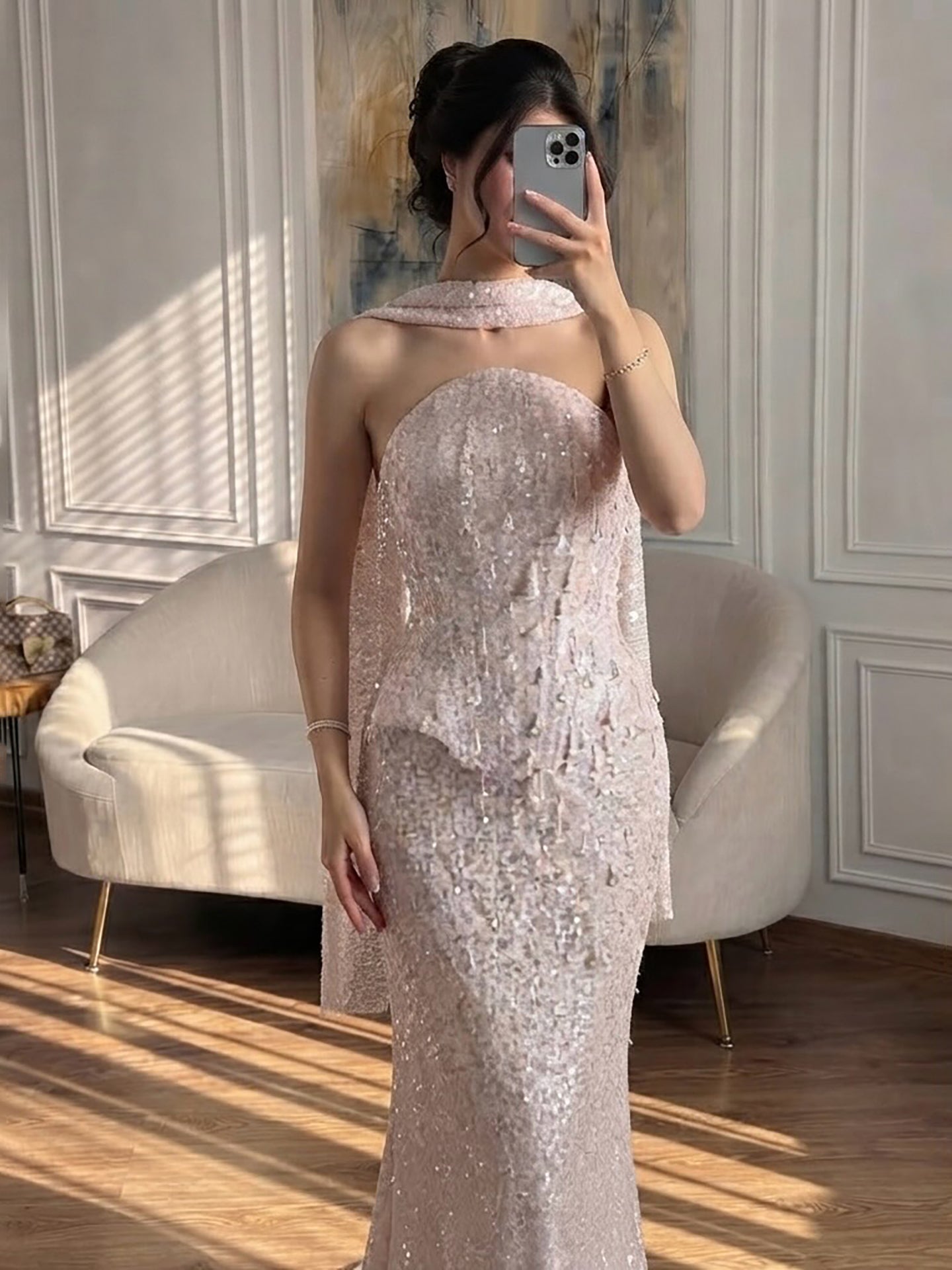 Luxury Champagne Strapless Beaded Mermaid Evening Dress With Scarf LA73488 SERENE HILL