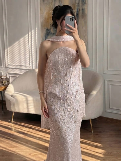 Luxury Champagne Strapless Beaded Mermaid Evening Dress With Scarf LA73488 SERENE HILL