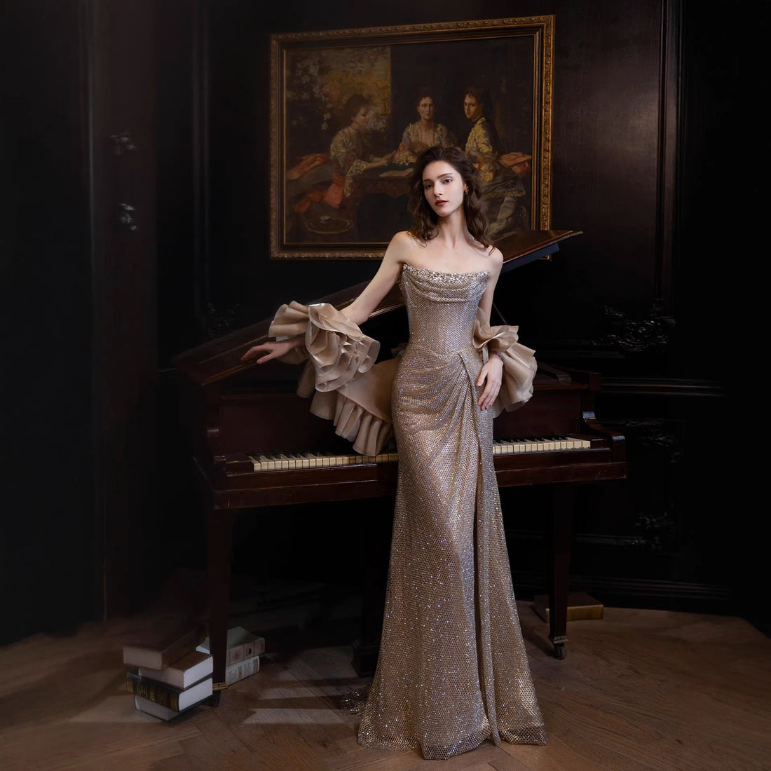 Luxury Gold Strapless Crystal Beaded Mermaid Evening Dress With Cape LA73489