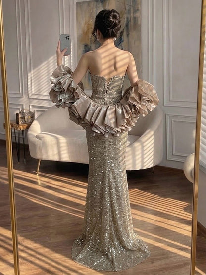 Luxury Gold Strapless Crystal Beaded Mermaid Evening Dress With Cape LA73489 SERENE HILL