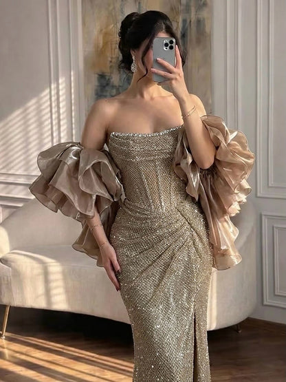 Luxury Gold Strapless Crystal Beaded Mermaid Evening Dress With Cape LA73489 SERENE HILL