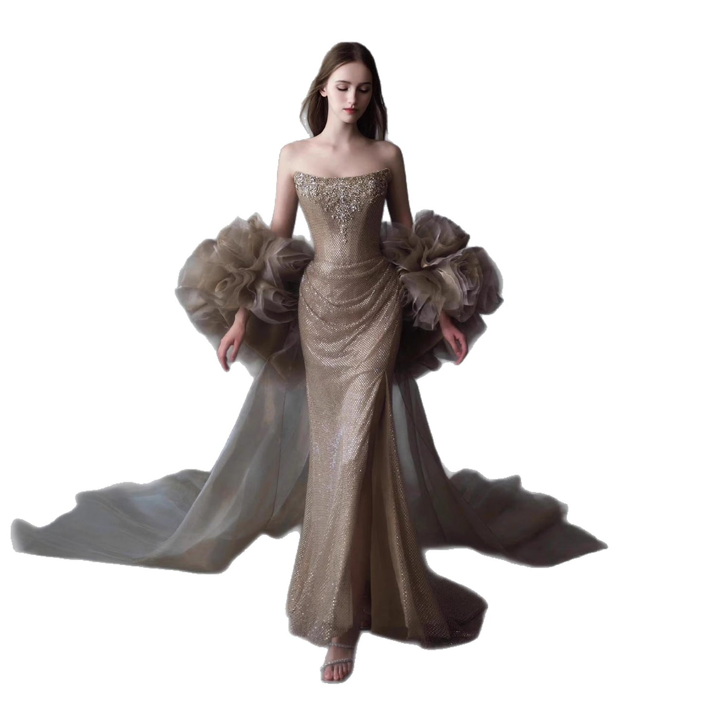 Luxury Gold Strapless Crystal Beaded Mermaid Evening Dress With Cape LA73489A - SERENE  HILL