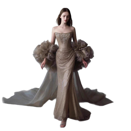 Luxury Gold Strapless Crystal Beaded Mermaid Evening Dress With Cape LA73489A - SERENE  HILL