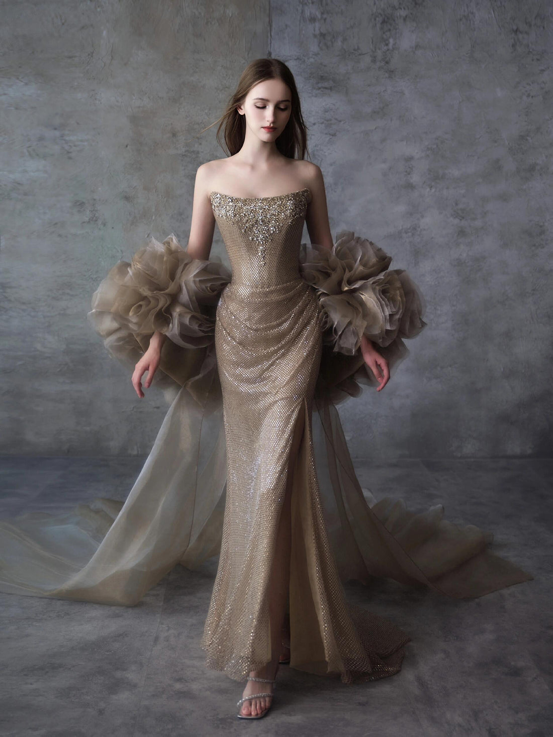 Luxury Gold Strapless Crystal Beaded Mermaid Evening Dress With Cape LA73489A - SERENE  HILL