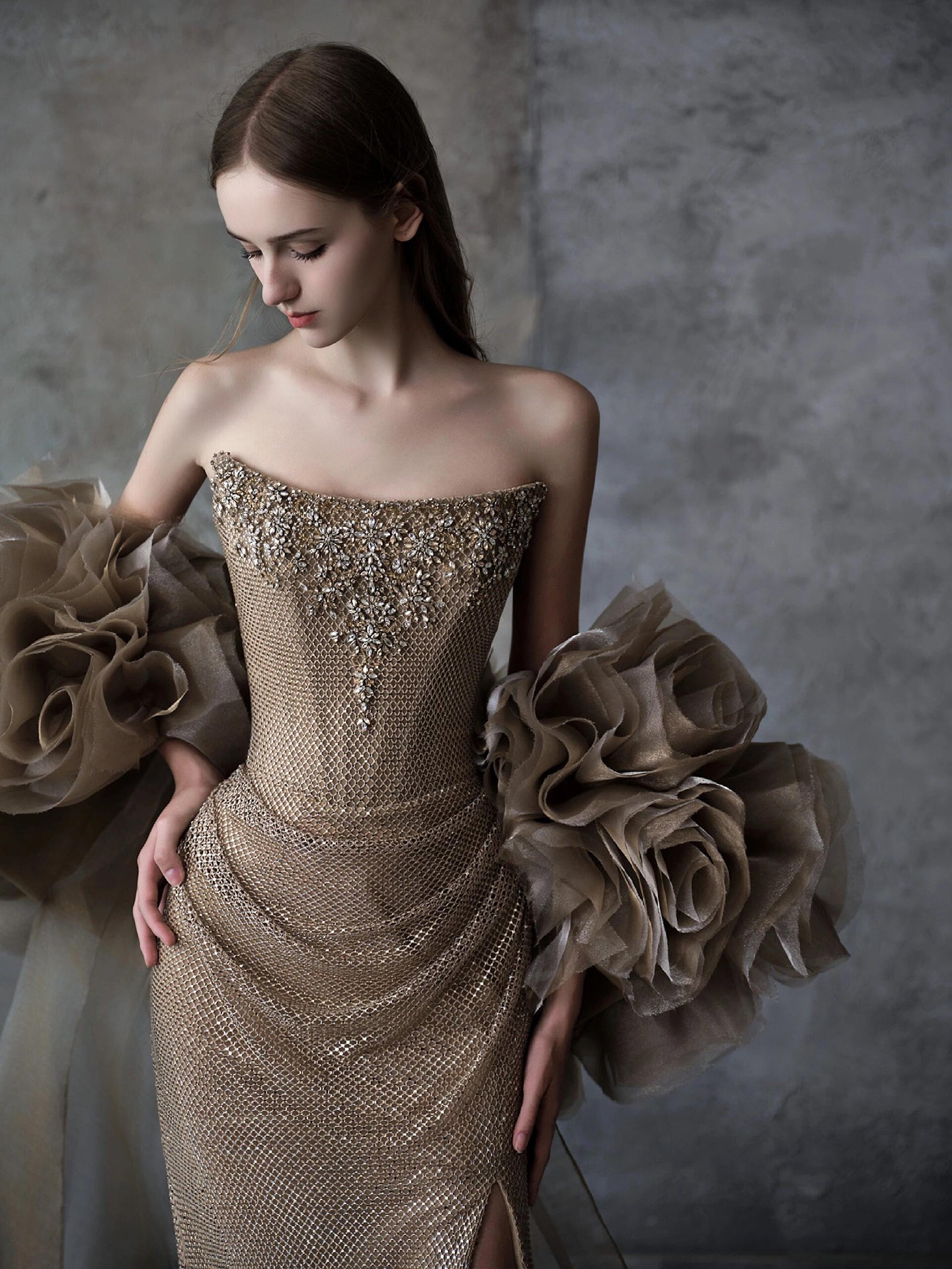Luxury Gold Strapless Crystal Beaded Mermaid Evening Dress With Cape LA73489A - SERENE  HILL