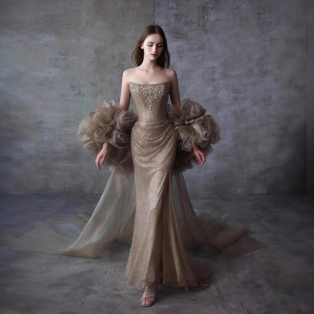 Luxury Gold Strapless Crystal Beaded Mermaid Evening Dress With Cape LA73489A - SERENE  HILL