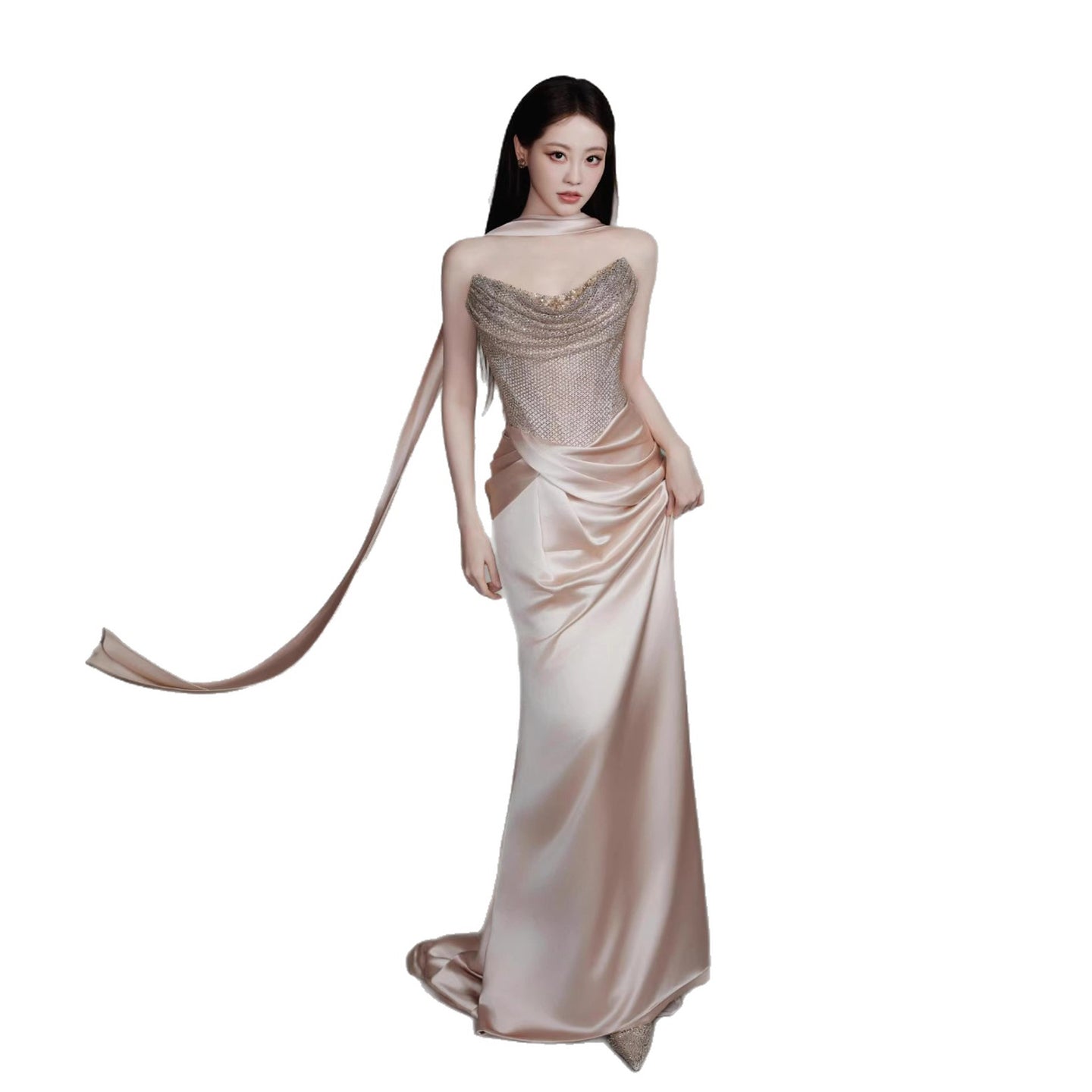 Luxury Champagne Beaded Mermaid Evening Dress With Scarf LA73490