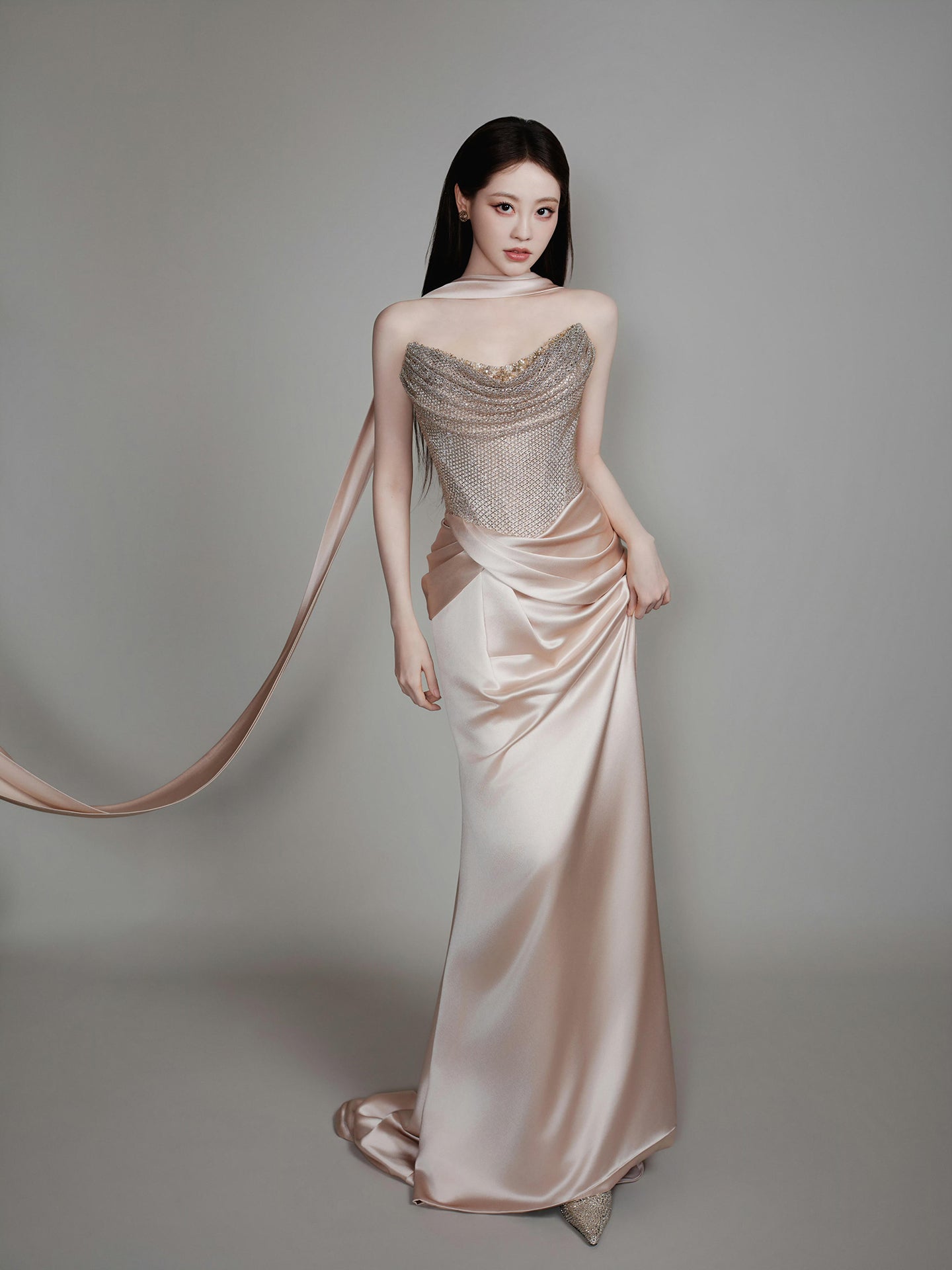 Luxury Champagne Beaded Mermaid Evening Dress With Scarf LA73490
