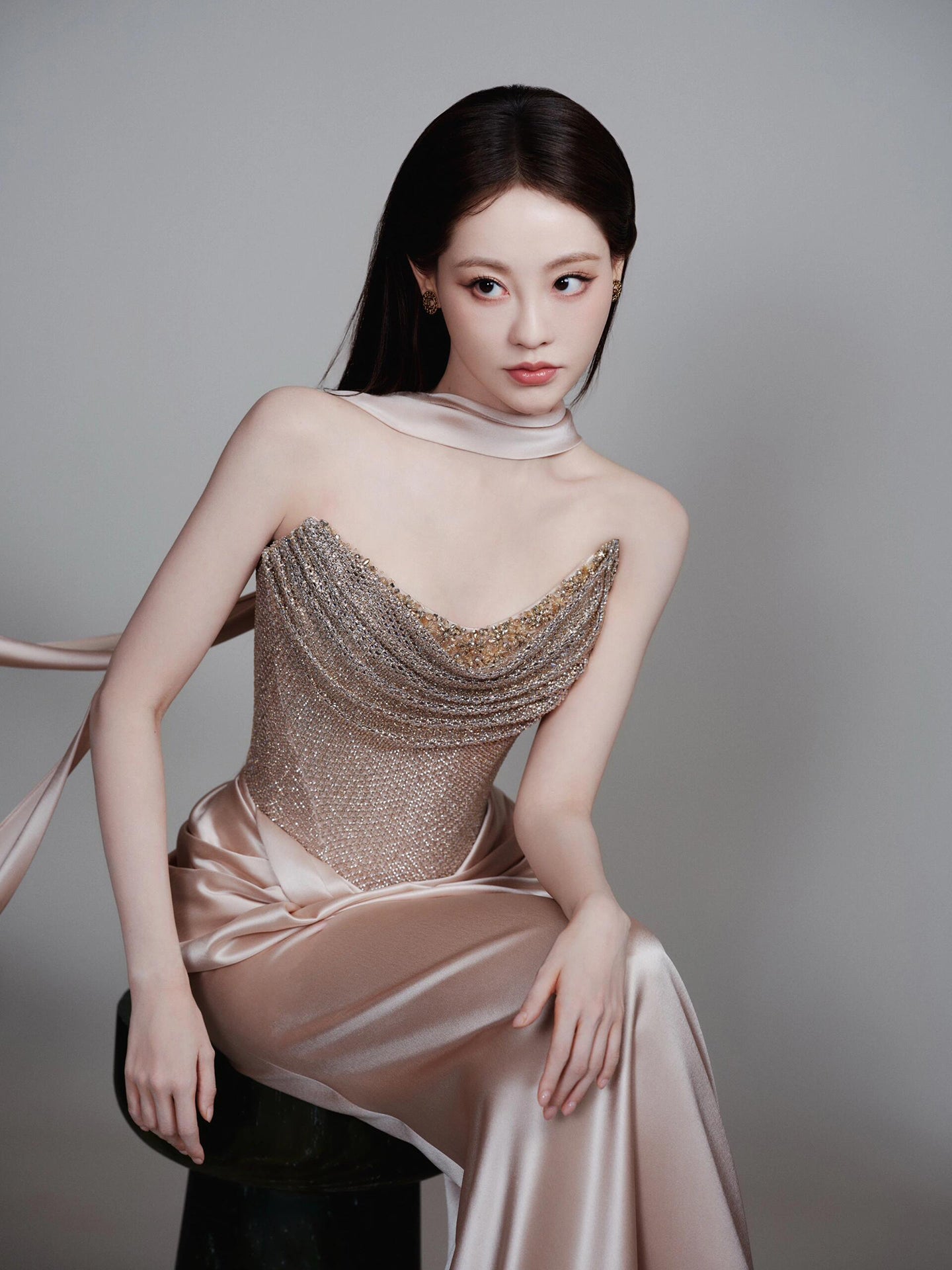 Luxury Champagne Beaded Mermaid Evening Dress With Scarf LA73490