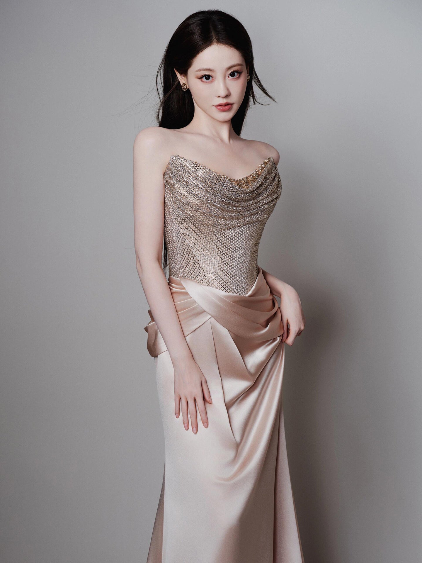 Luxury Champagne Beaded Mermaid Evening Dress With Scarf LA73490