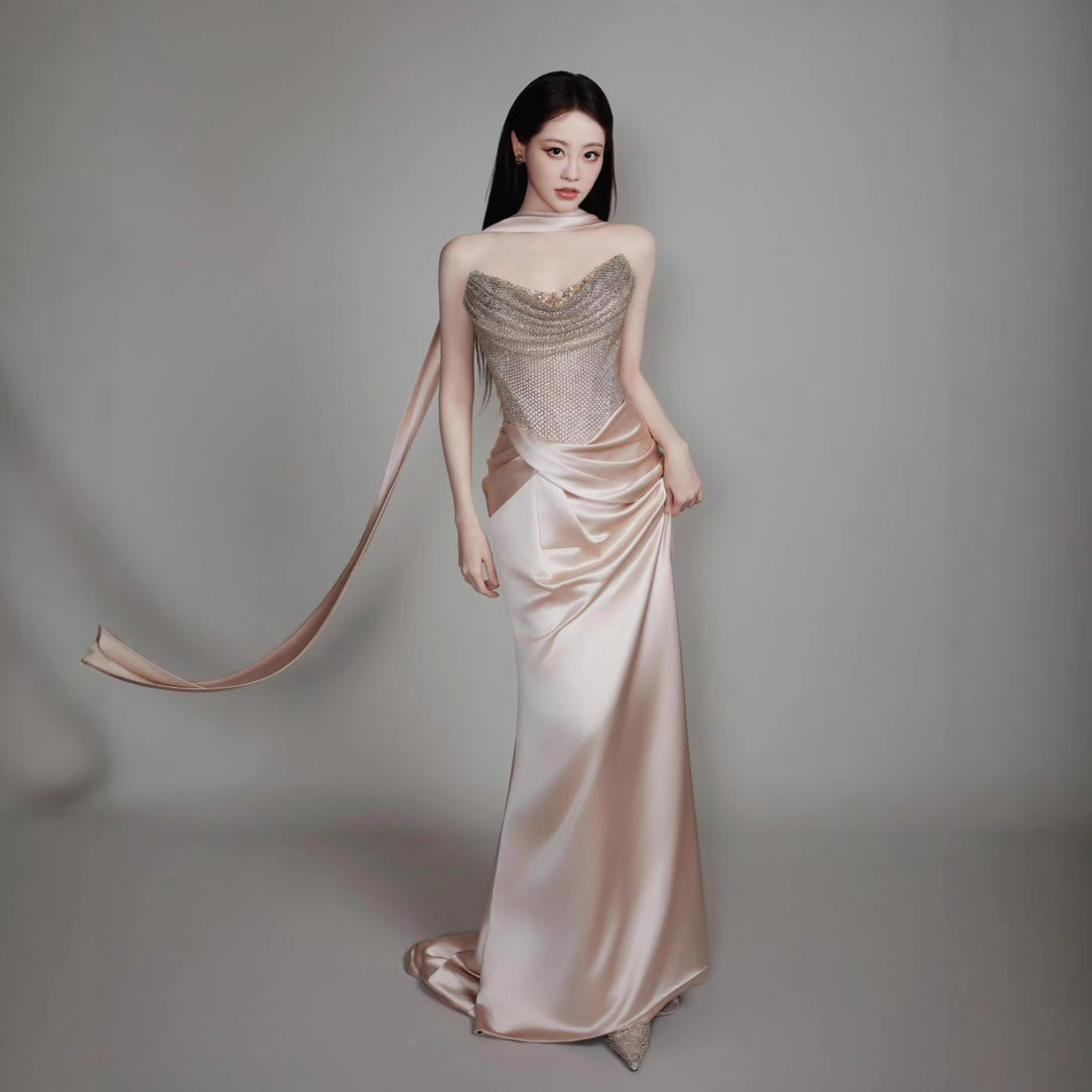 Luxury Champagne Beaded Mermaid Evening Dress With Scarf LA73490