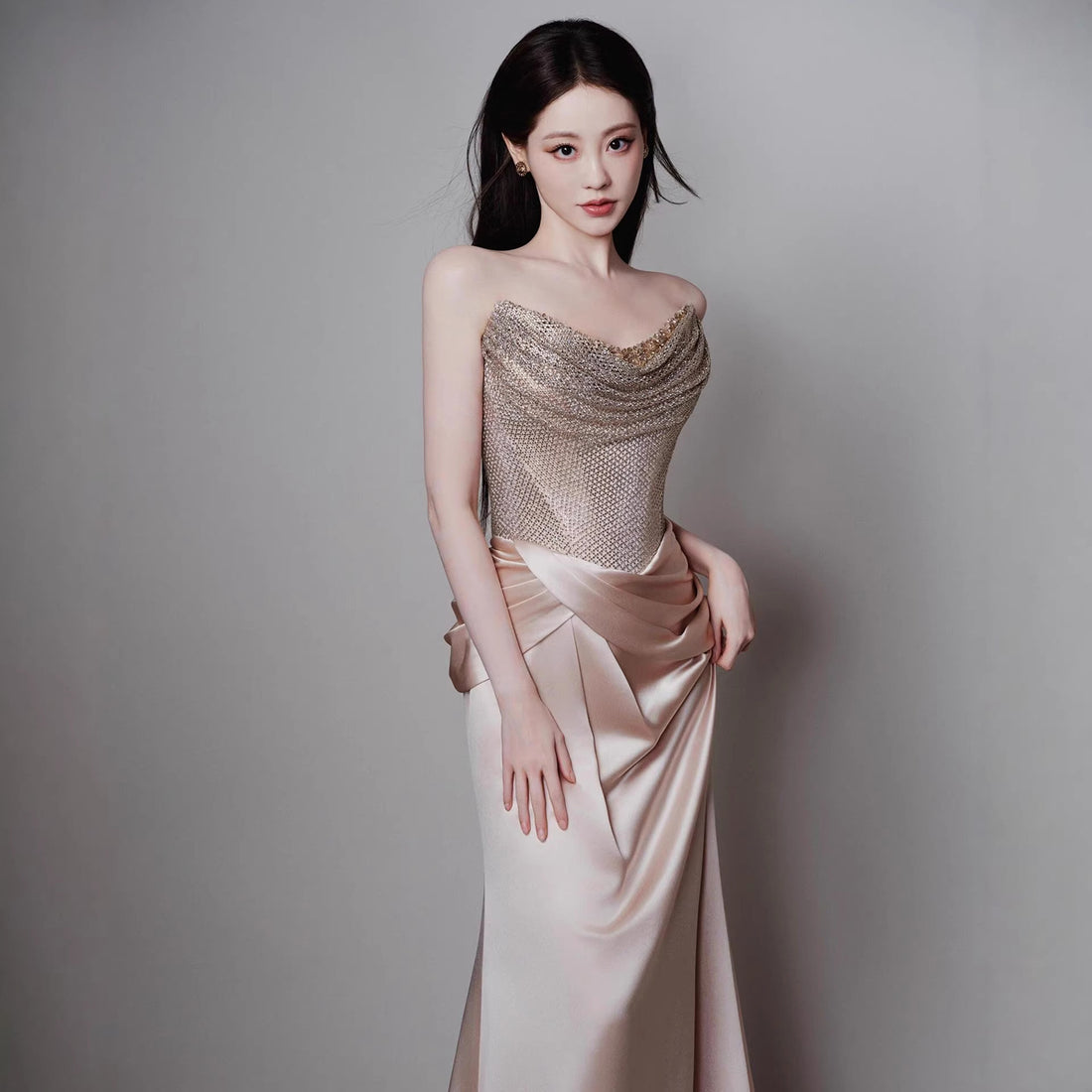 Luxury Champagne Beaded Mermaid Evening Dress With Scarf LA73490